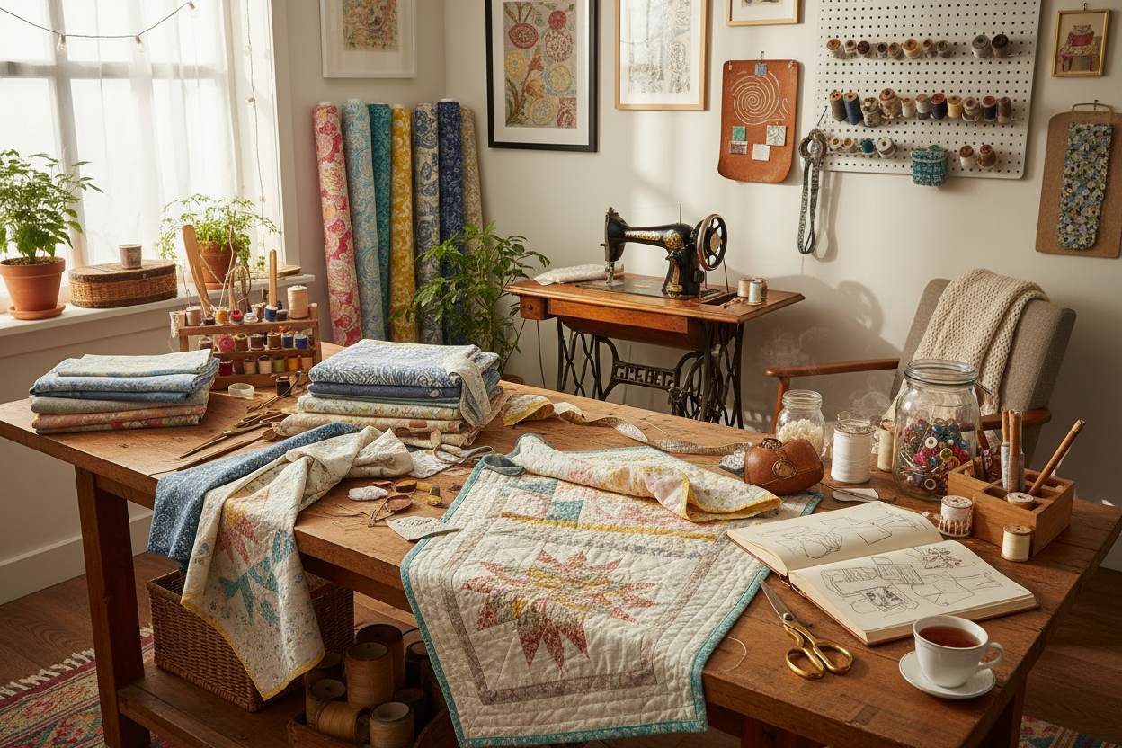 A bright and inviting sewing studio that conveys creativity and craftsmanship. A wooden table is neatly arranged with colorful fabrics, threads, scissors, and sewing tools. A partially finished garment or quilt sits on the table, with a sewing machine in the background. Warm natural light streams through a window, highlighting textures and details. The scene evokes passion, quality, and dedication, showing an inspiring environment for sewing enthusiasts. Include subtle elements like sketchbooks.