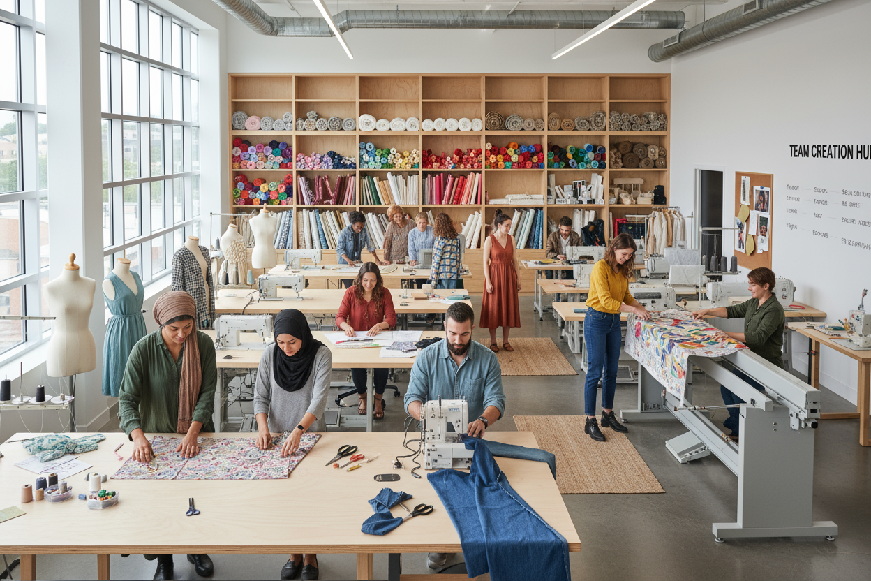 A bright, modern sewing studio filled with activity, showing a diverse group of people collaborating on sewing projects. Include team members working with fabrics, sewing machines, sketches, and tools. Some are cutting fabrics, others stitching garments or quilting. The atmosphere is warm, creative, and inspiring, highlighting teamwork, passion, and craftsmanship.