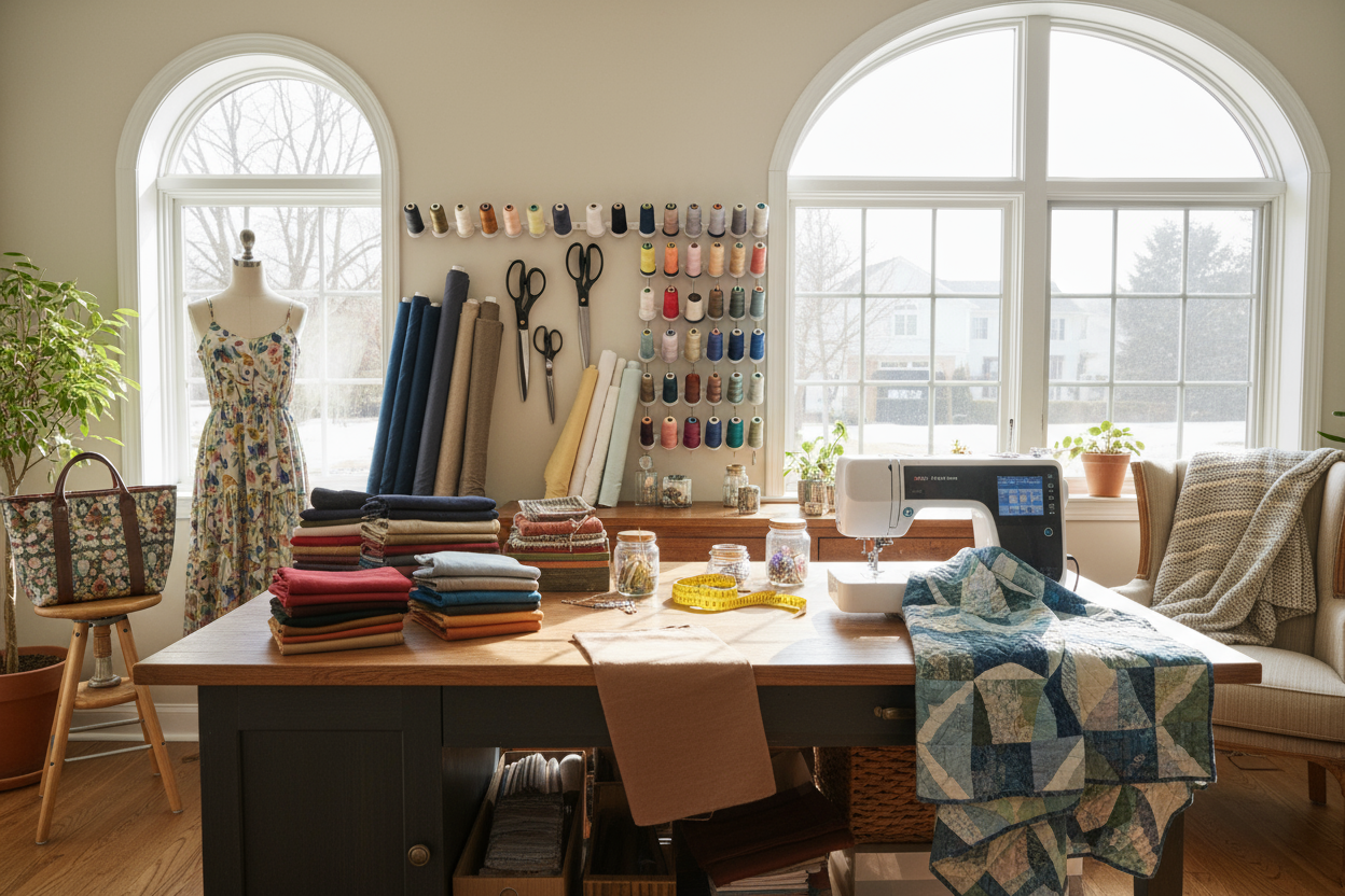 A bright, organized sewing workspace showcasing a variety of premium fabrics, threads, and sewing tools neatly arranged. Include folded colorful fabrics, spools of thread, scissors, measuring tape, and a sewing machine in the background. Display a few finished or partially finished sewing projects, like garments, quilts, or tote bags, to show creativity in action. Soft natural light highlights textures and colors, creating a warm, inviting, and inspiring atmosphere that reflects quality, craftsmanship