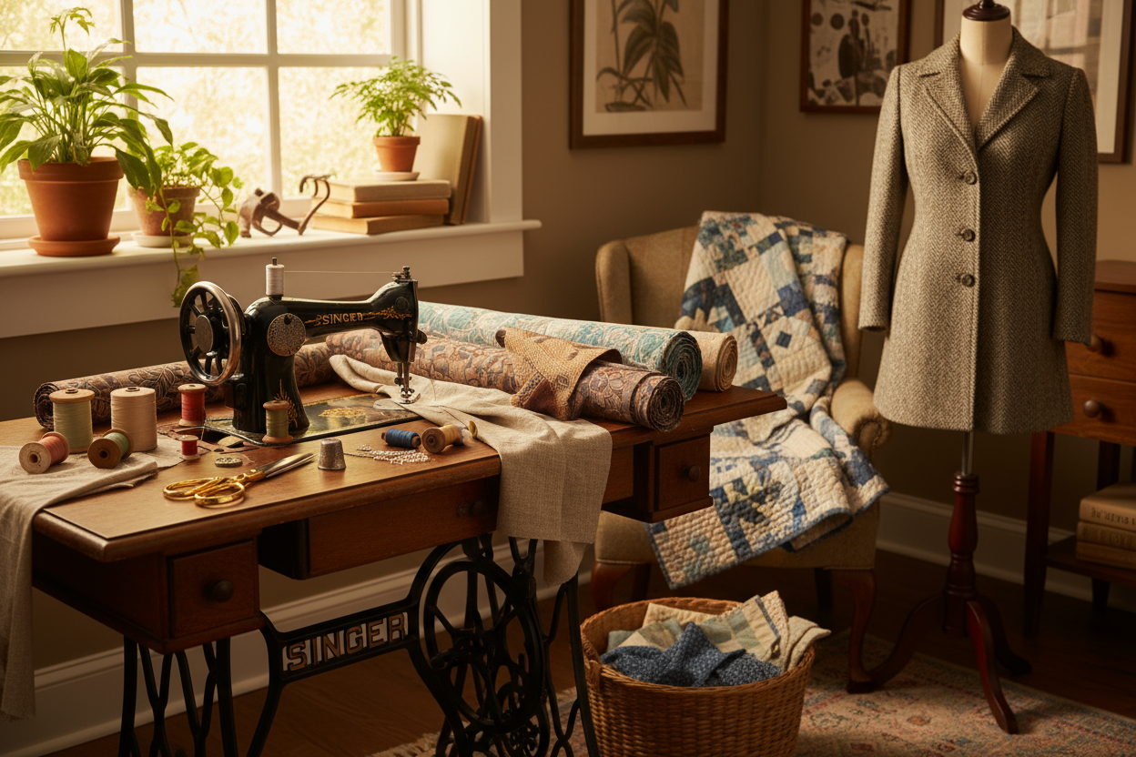 A cozy, well-lit sewing workspace showcasing timeless sewing creations. A wooden table with neatly arranged high-quality fabrics, threads, and sewing tools. In the background, a half-finished quilt draped over a chair and a classic garment on a mannequin. Soft natural light streaming through a window, highlighting textures and colors. The scene conveys craftsmanship, creativity, durability, and elegance, with a warm and inspiring atmosphere. Focus on fabric details and sewing essentials, evoking a sense of 